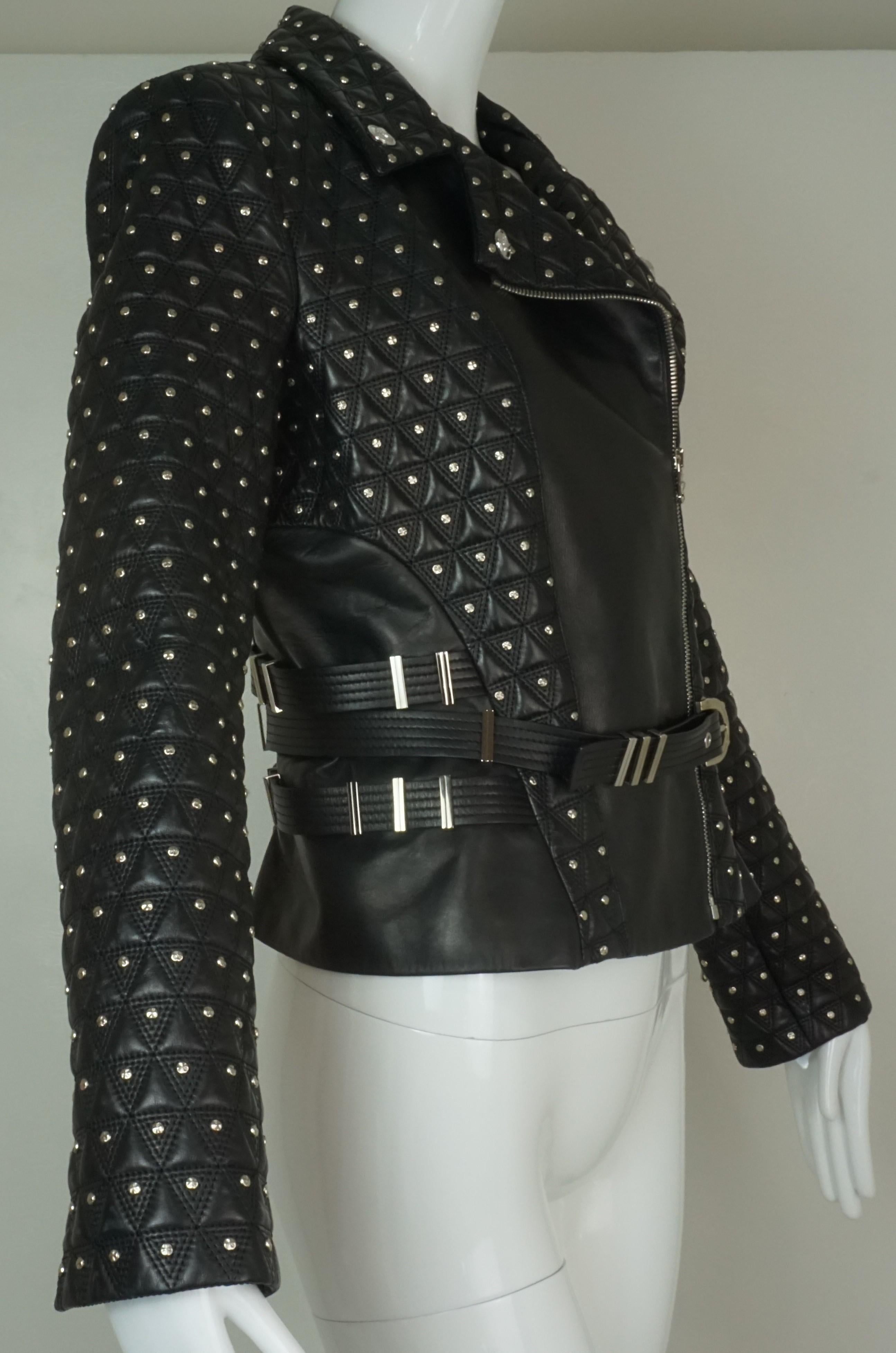 Versace Black Studded Leather Biker Jacket w/ Belt and Medusa Buttons For Sale 7