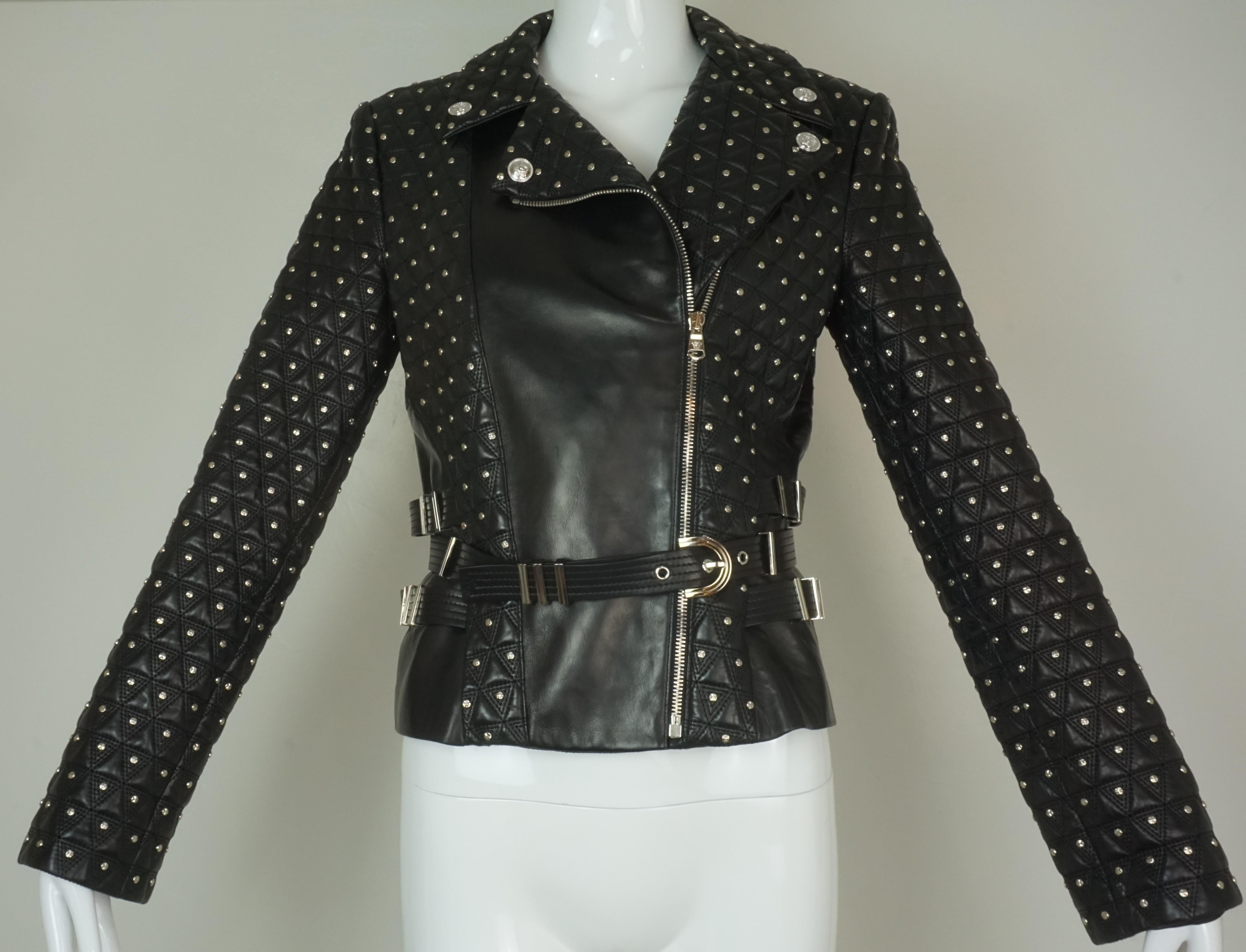 Versace Black Studded Leather Biker Jacket w/ Belt and Medusa Buttons For Sale 8