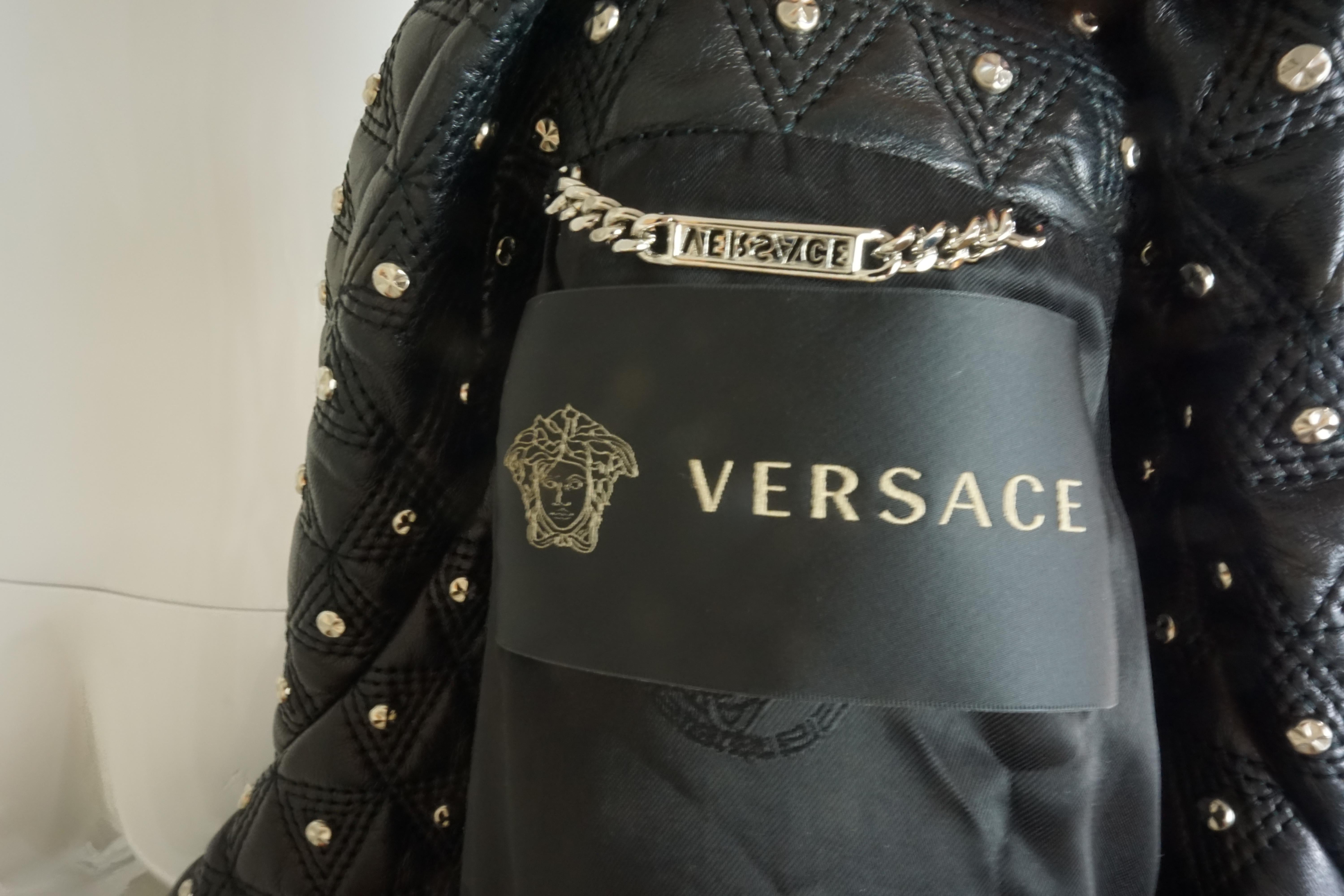 Versace Black Studded Leather Biker Jacket w/ Belt and Medusa Buttons For Sale 9
