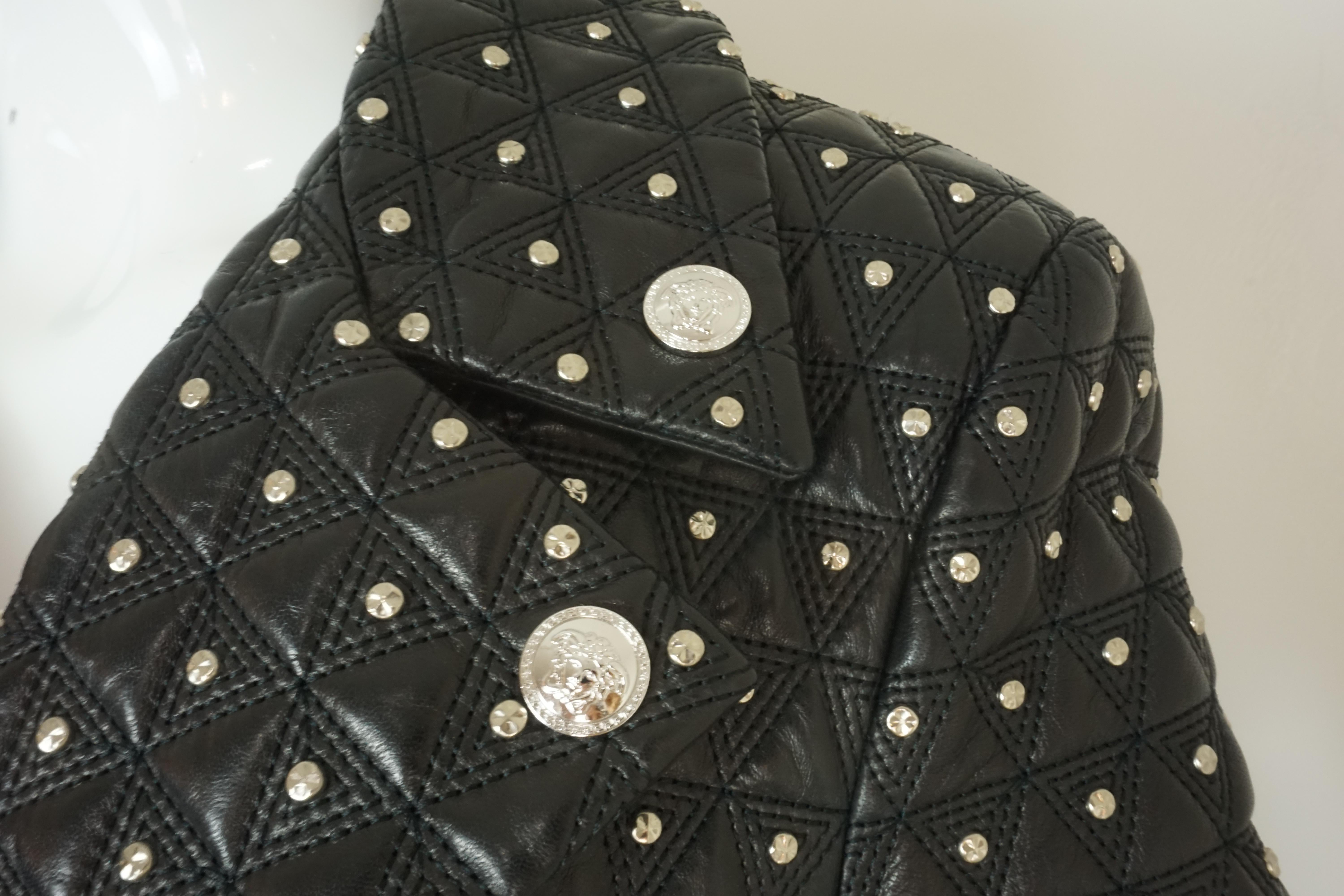 Women's Versace Black Studded Leather Biker Jacket w/ Belt and Medusa Buttons