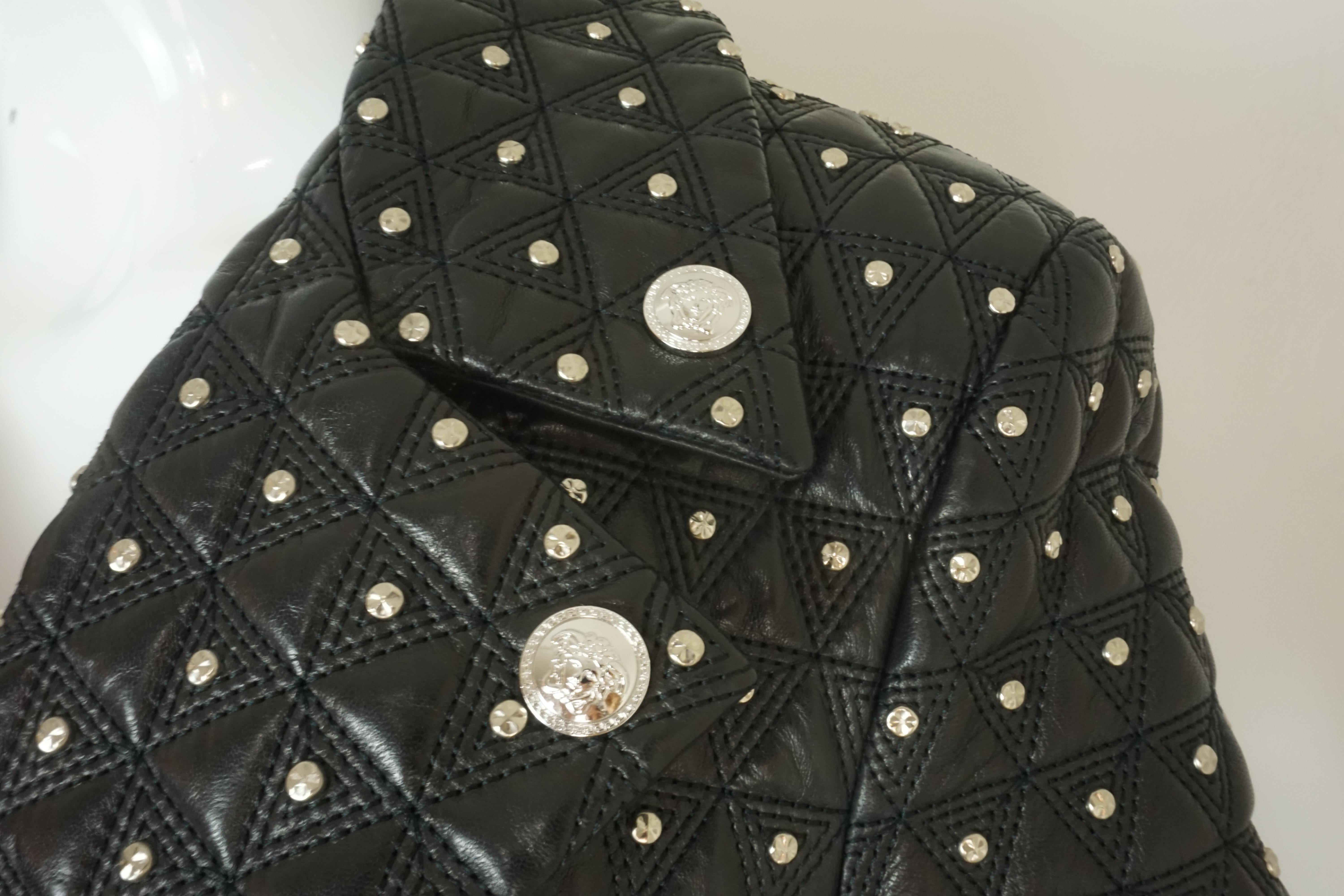 Versace Black Studded Leather Biker Jacket w/ Belt and Medusa Buttons In Excellent Condition For Sale In Carmel, CA