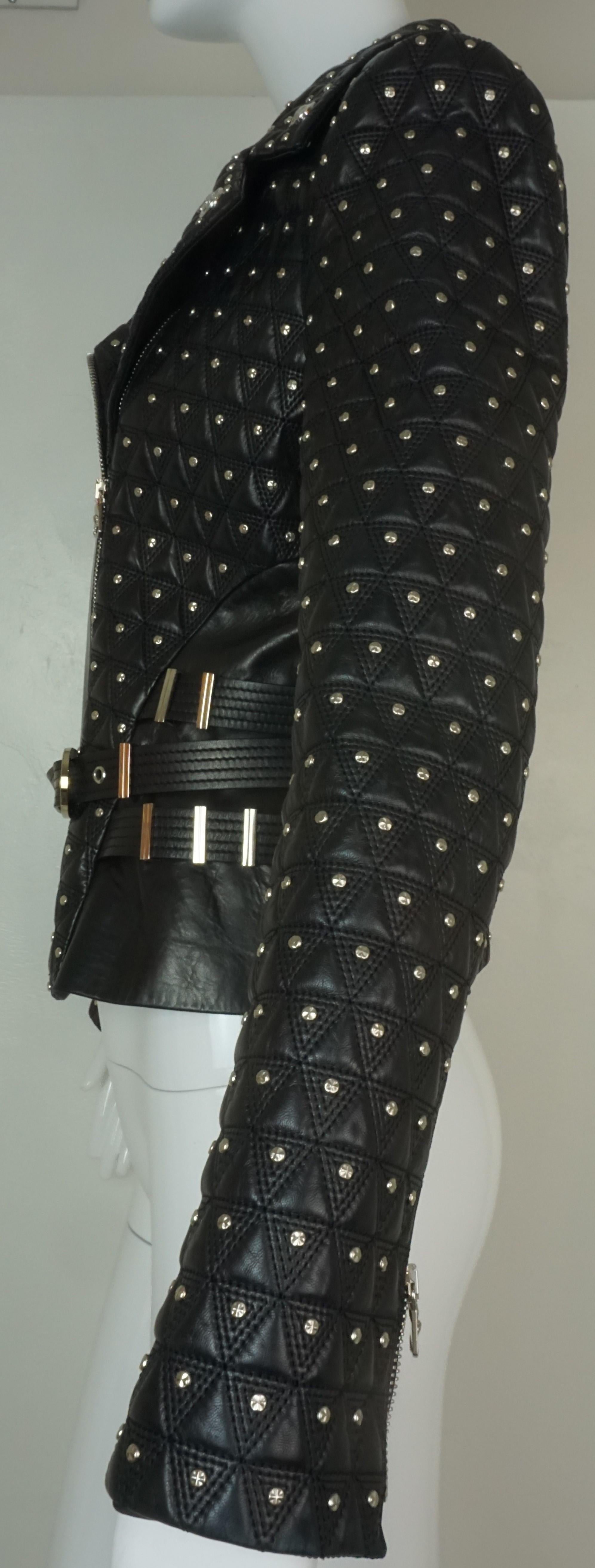 Versace Black Studded Leather Biker Jacket w/ Belt and Medusa Buttons For Sale 2