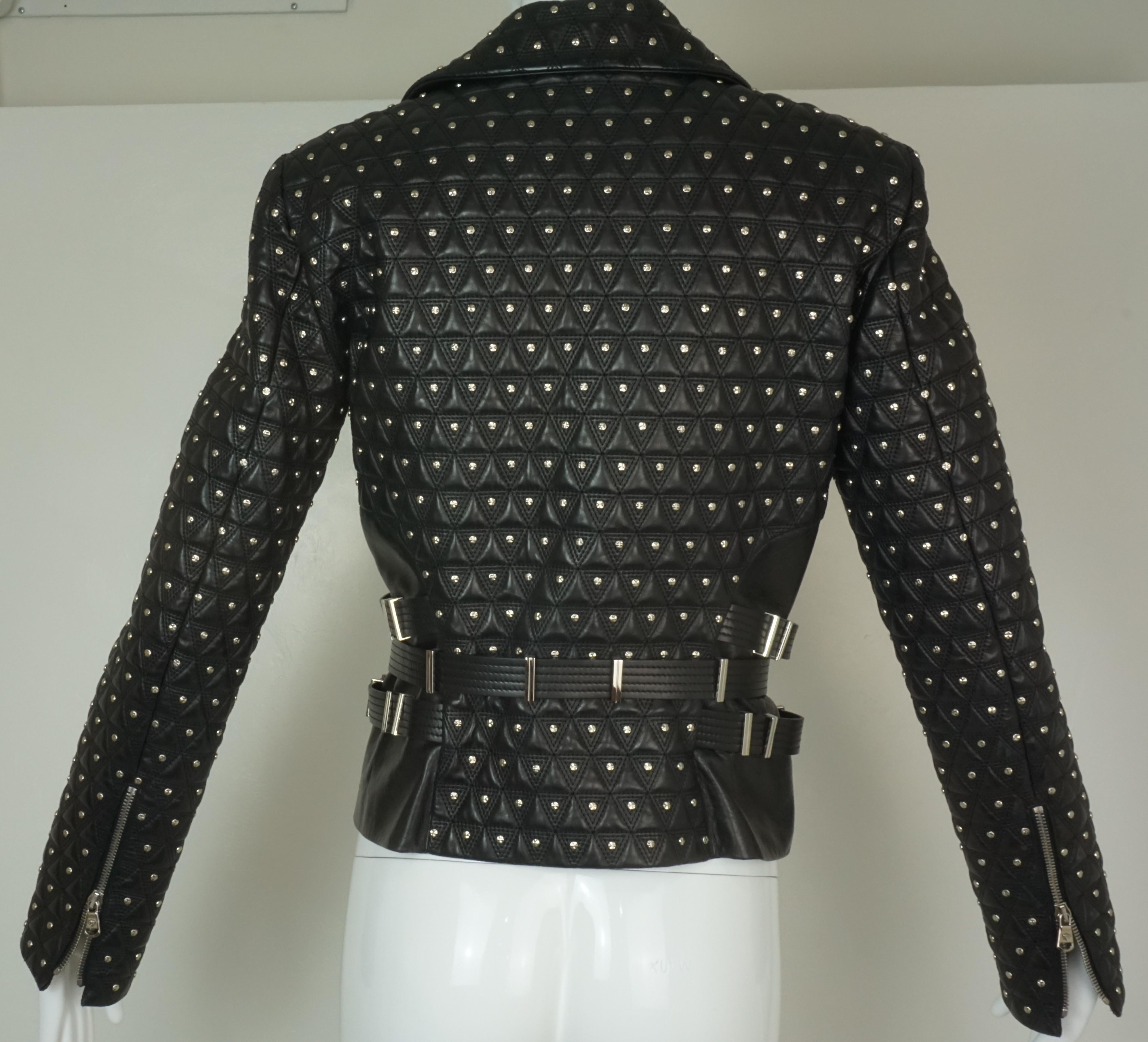 Versace Black Studded Leather Biker Jacket w/ Belt and Medusa Buttons For Sale 4