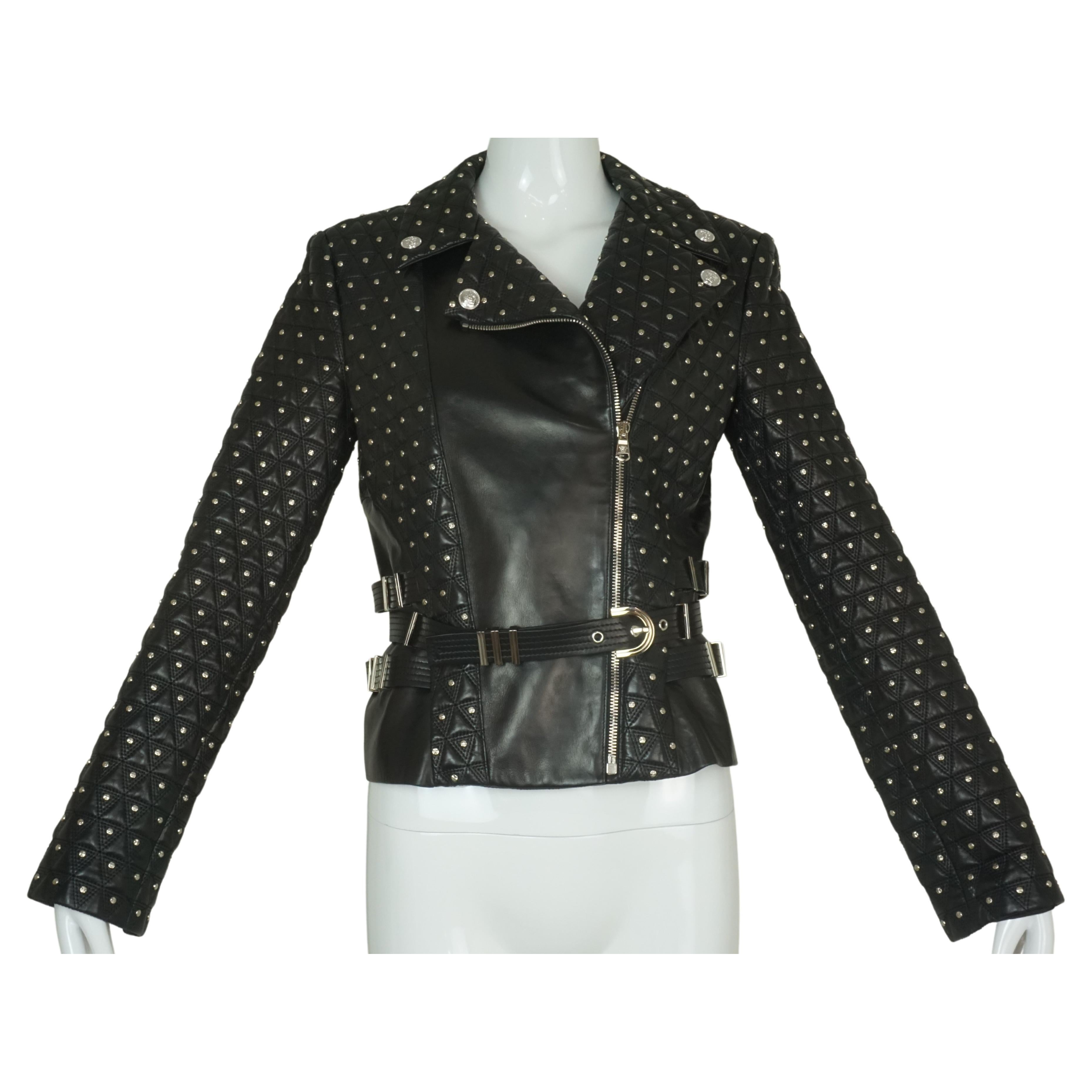 Versace Black Studded Leather Biker Jacket w/ Belt and Medusa Buttons For Sale