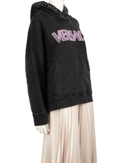 Versace Black Studded Vintage Wash Effect Logo Hoodie Size XS