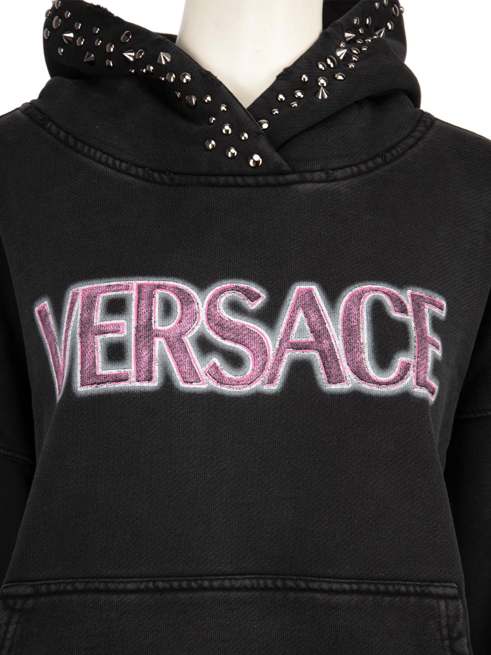Women's Versace Black Studded Vintage Wash Effect Logo Hoodie Size XS For Sale