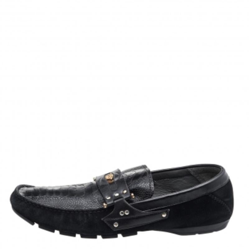 Men's Versace Black Suede And Crocodile Leather Medusa Slip On Loafers Size 44 For Sale