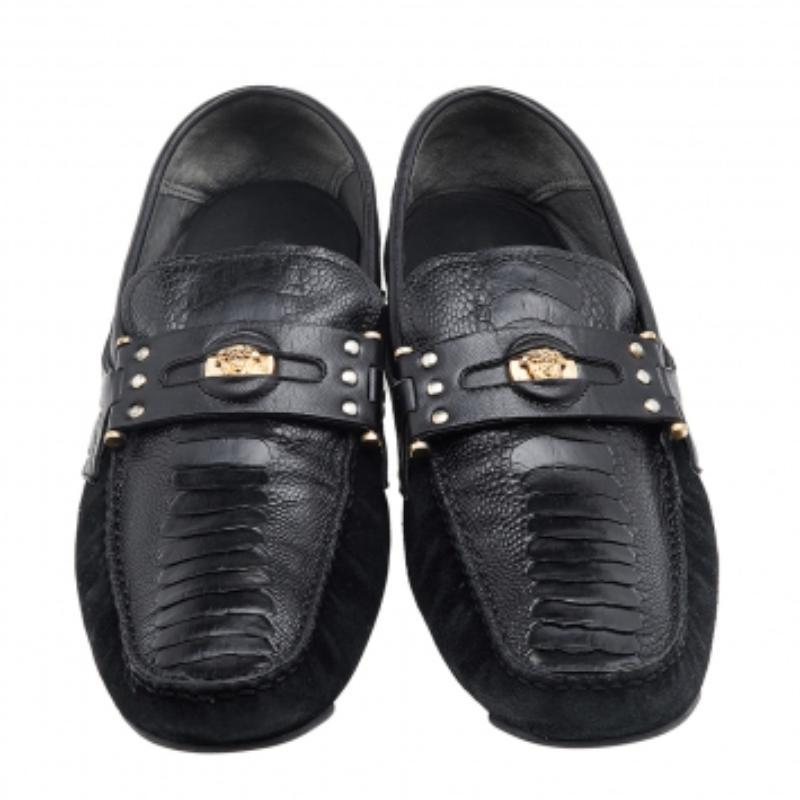 Versace Black Suede And Crocodile Leather Medusa Slip On Loafers Size 44 For Sale 1