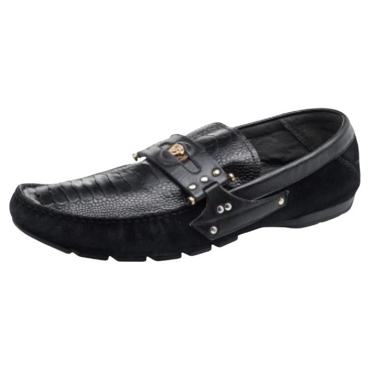 Versace Black Suede And Crocodile Leather Medusa Slip On Loafers Size 44 For Sale