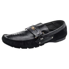 Versace Black Suede And Crocodile Leather Medusa Slip On Loafers Size 44