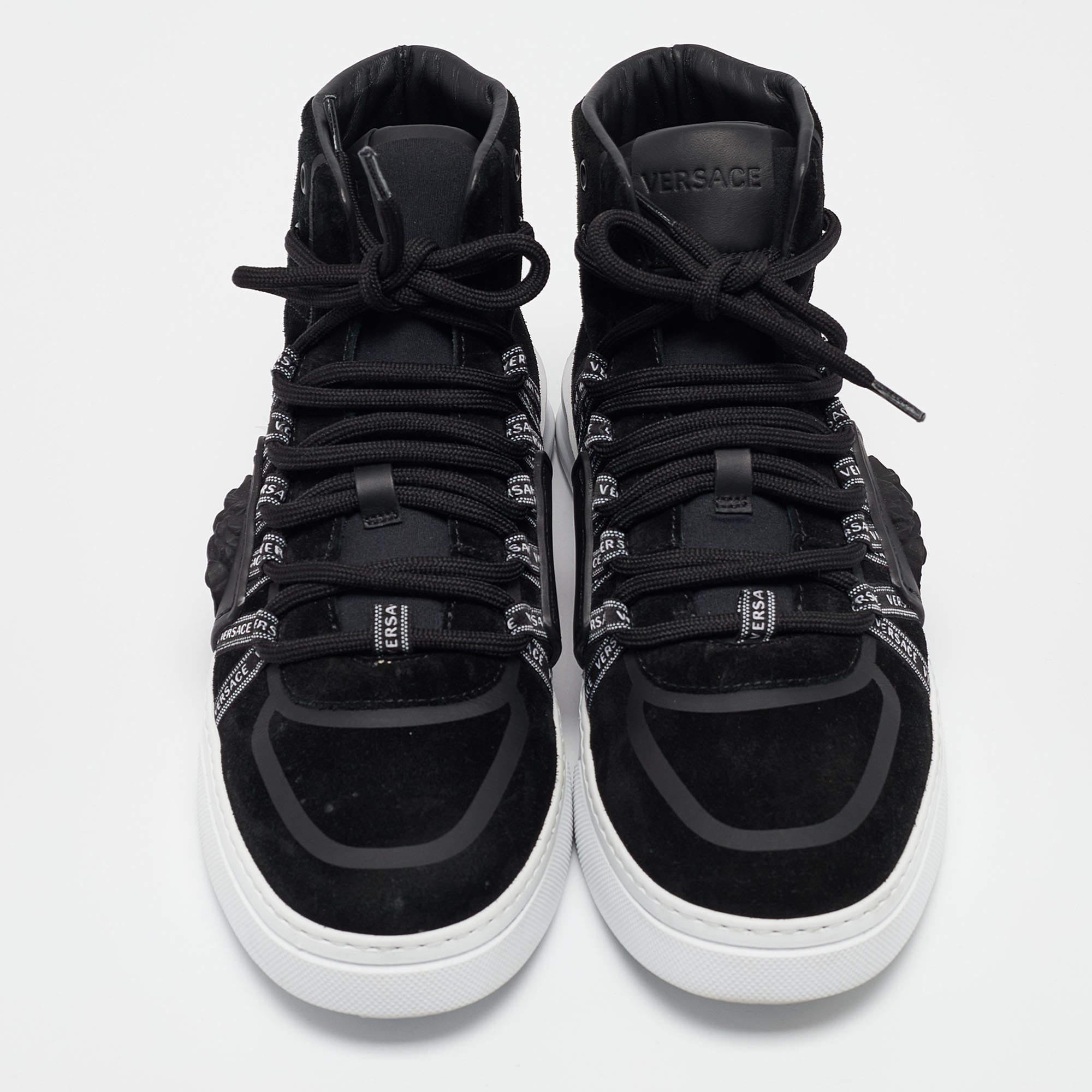 Versace Black Suede and Leather Medusa High Top Sneakers Size 39 In Good Condition In Dubai, Al Qouz 2