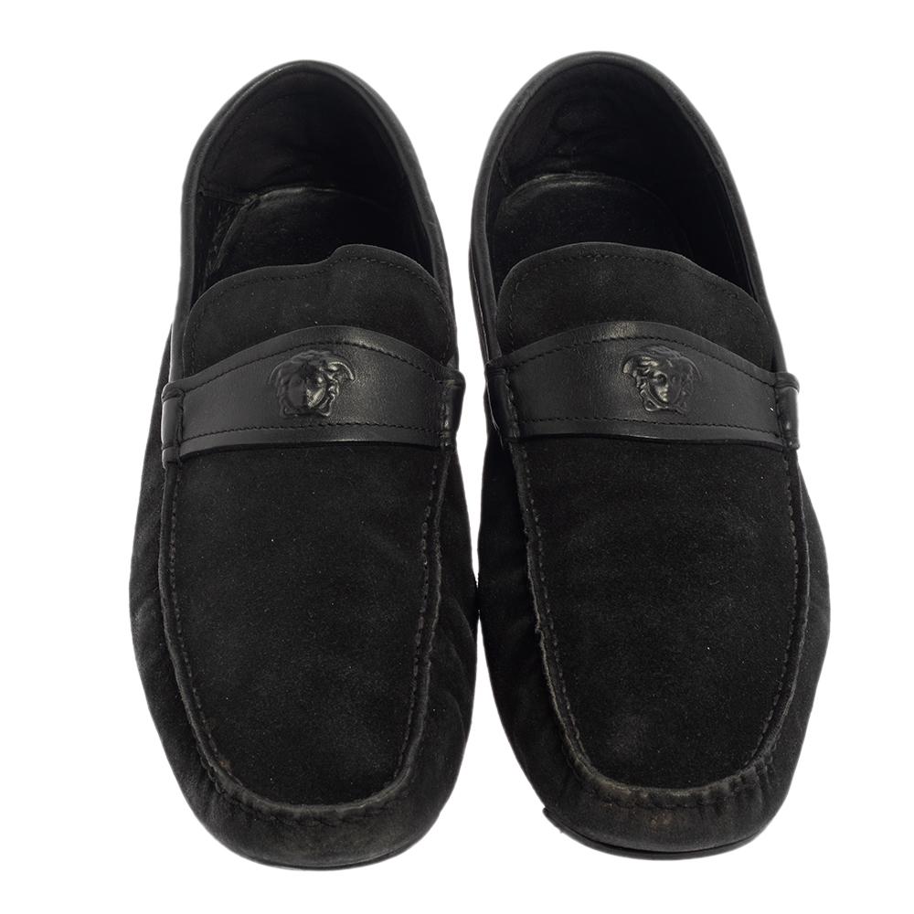 Men's Versace Black Suede And Leather Slip On Loafers Size 44