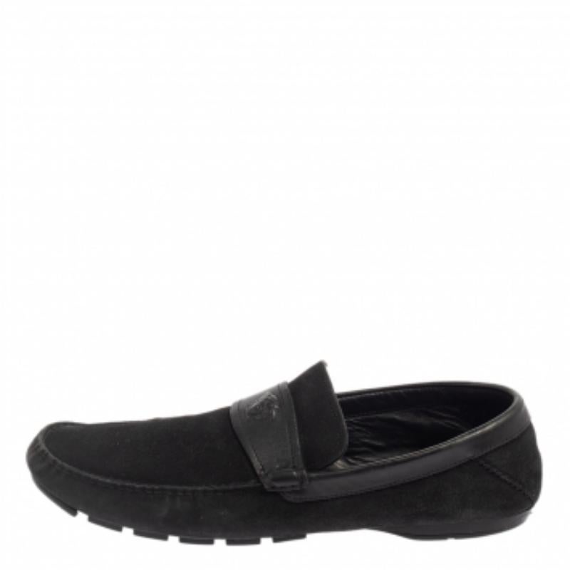 Versace Black Suede And Leather Slip On Loafers Size 44 For Sale 3
