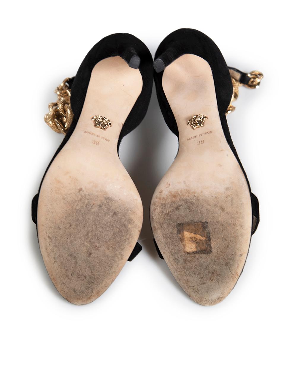 Women's Versace Black Suede Chain Strap Heels Size IT 38 For Sale