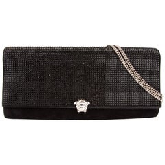 Versace Black Suede Crystal Embellished Clutch Evening Bag w/ Silver Tone Chain