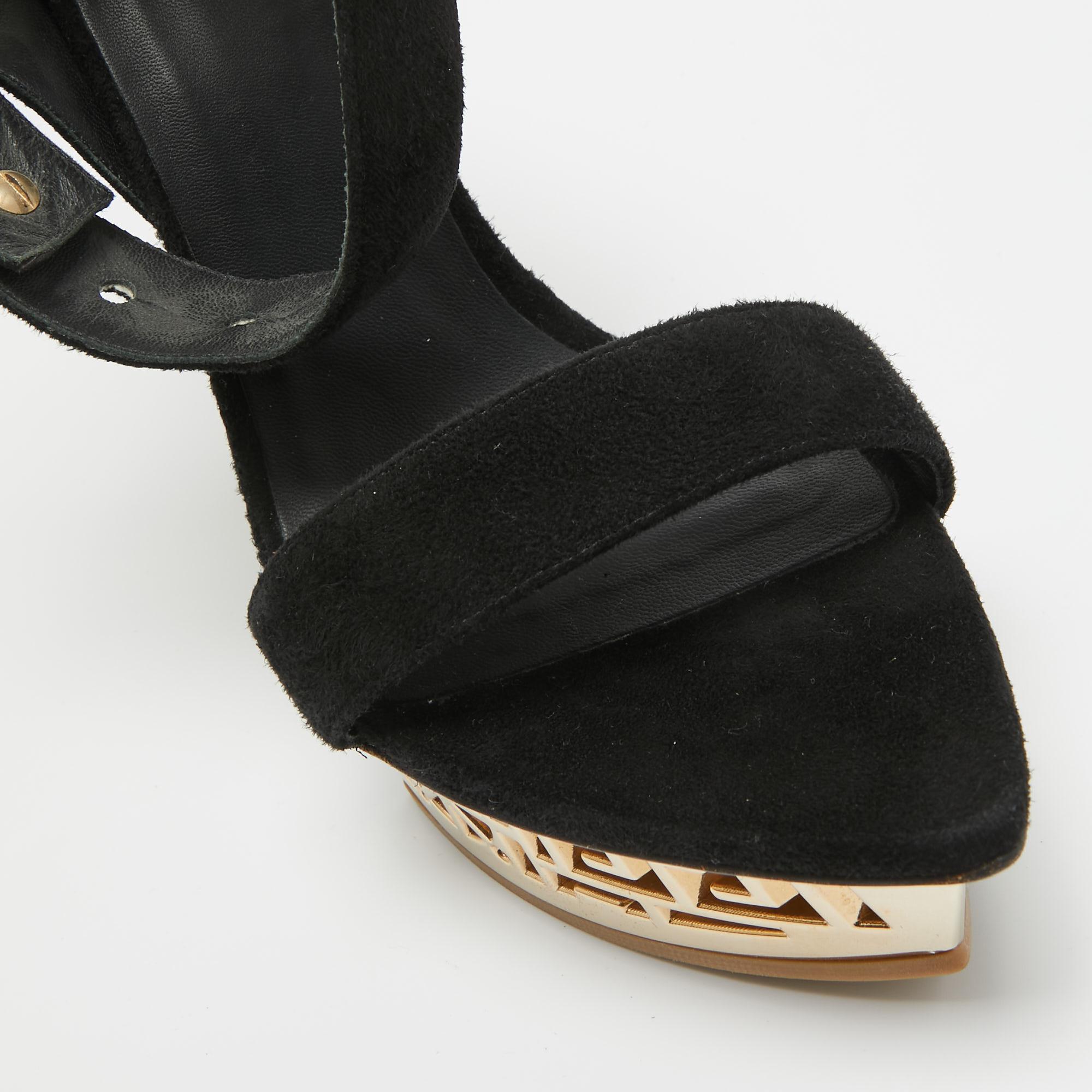 Versace Black Suede Greek Key Platform Sandals Size 40 In Excellent Condition For Sale In Dubai, Al Qouz 2