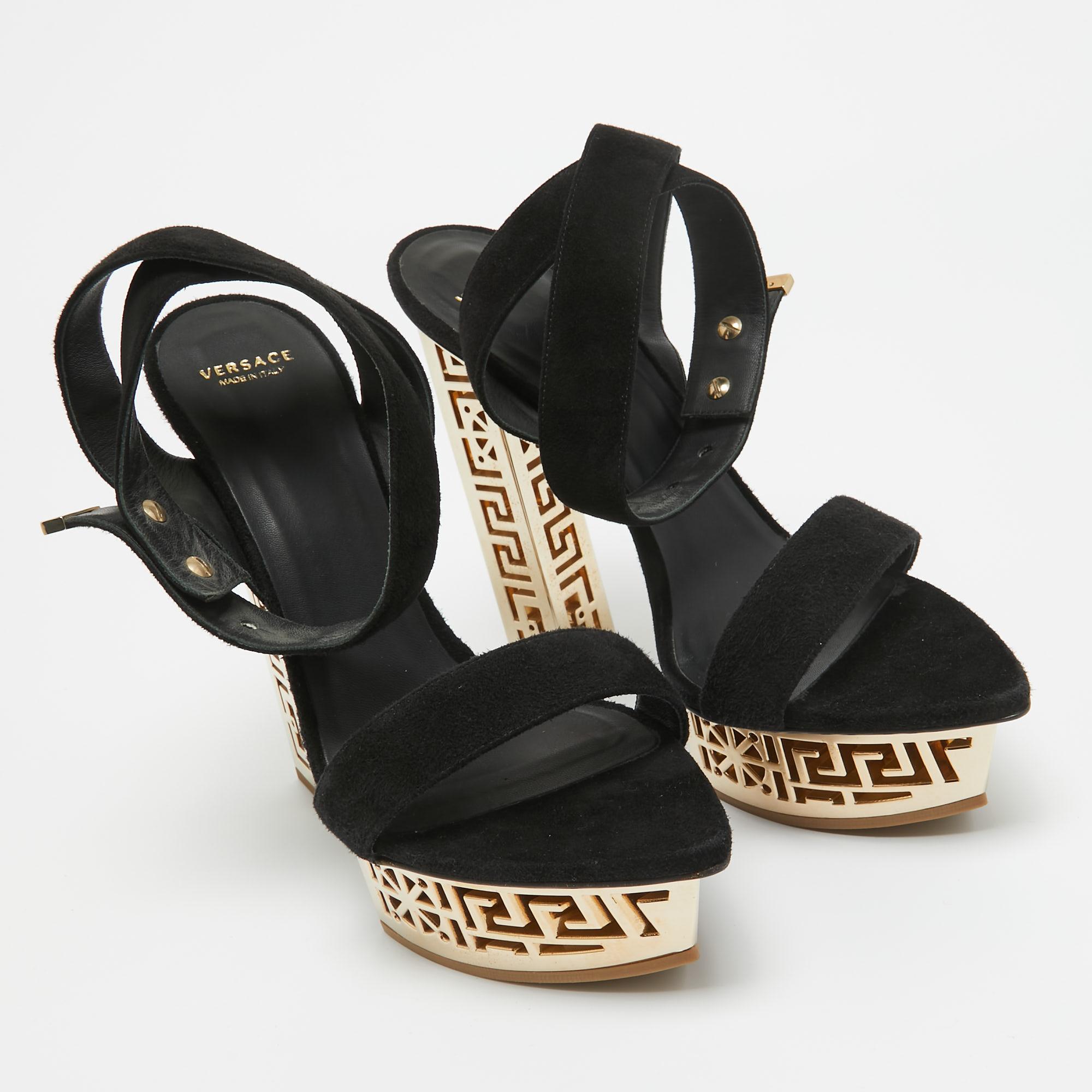 Women's Versace Black Suede Greek Key Platform Sandals Size 40 For Sale