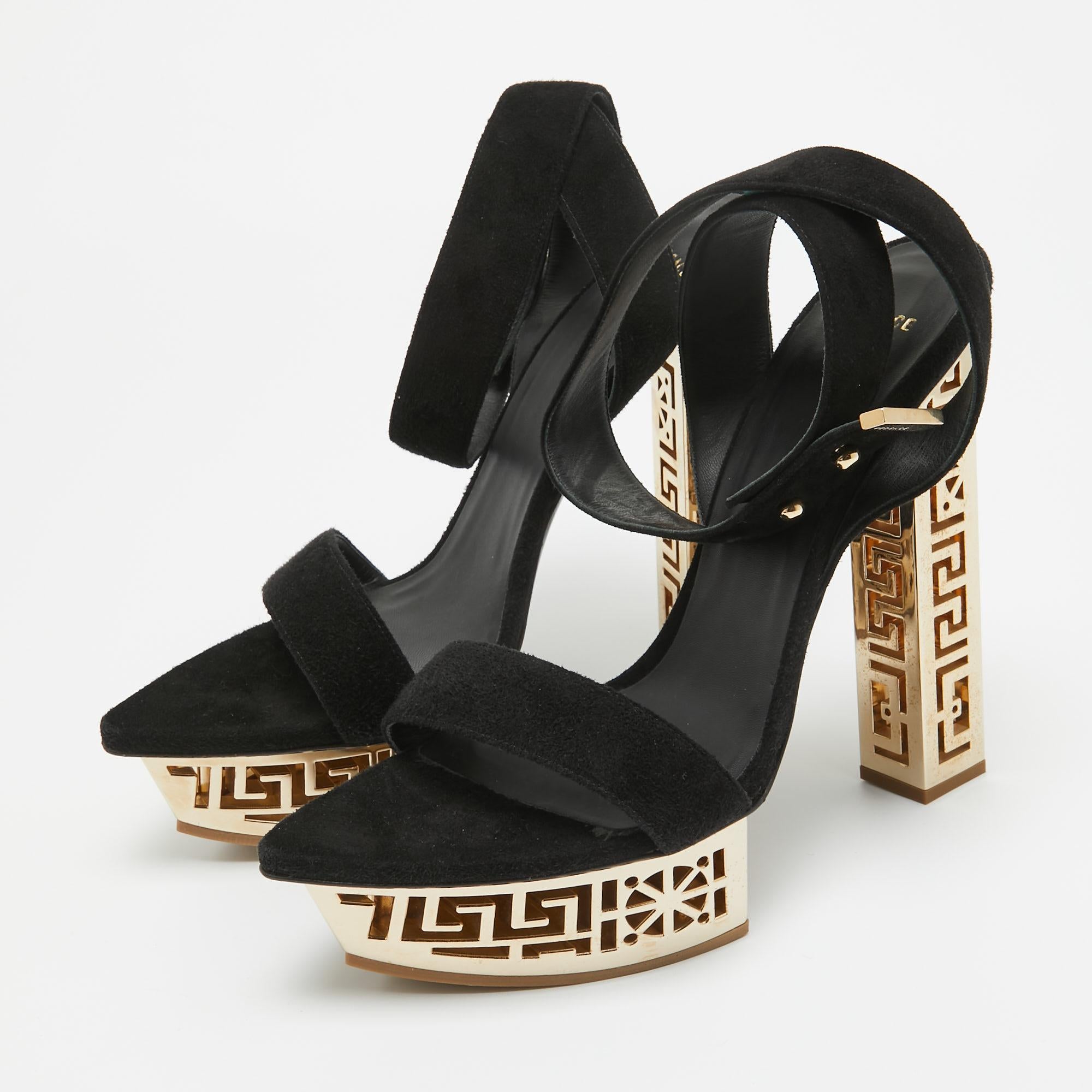 Versace Black Suede Greek Key Platform Sandals Size 40 For Sale 2