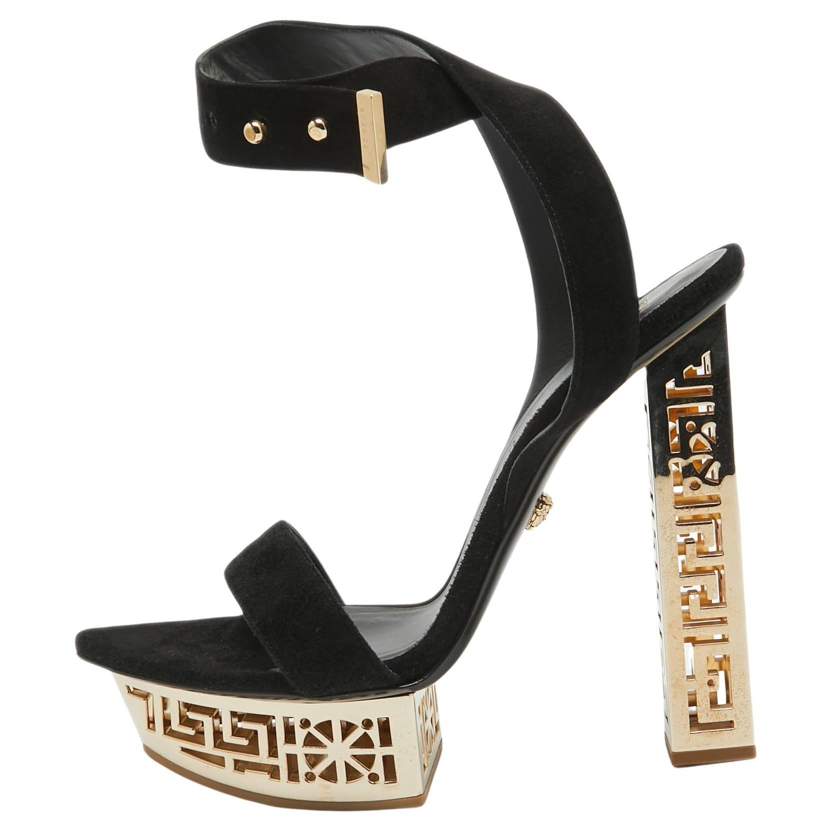 Versace Black Suede Greek Key Platform Sandals Size 40 For Sale