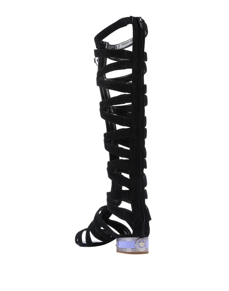 VERSACE Black Suede Knee Sandal Gladiator Boots For Sale at 1stdibs
