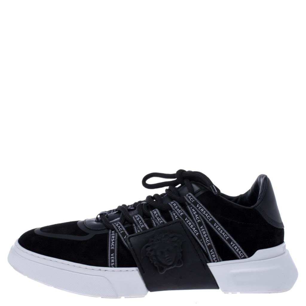 Sneakers are sought-after for reasons like comfort, ease and casual style. These Versace ones fit right in as they are stylish and snug. They come crafted from suede as well as rubber into a design of lace-up vamps and the Medusa logo on the