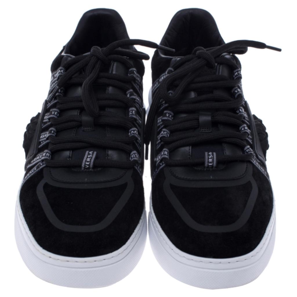 Versace Black Suede Leather And Rubber Medusa Lace Up Sneakers Size 42.5 In New Condition In Dubai, Al Qouz 2