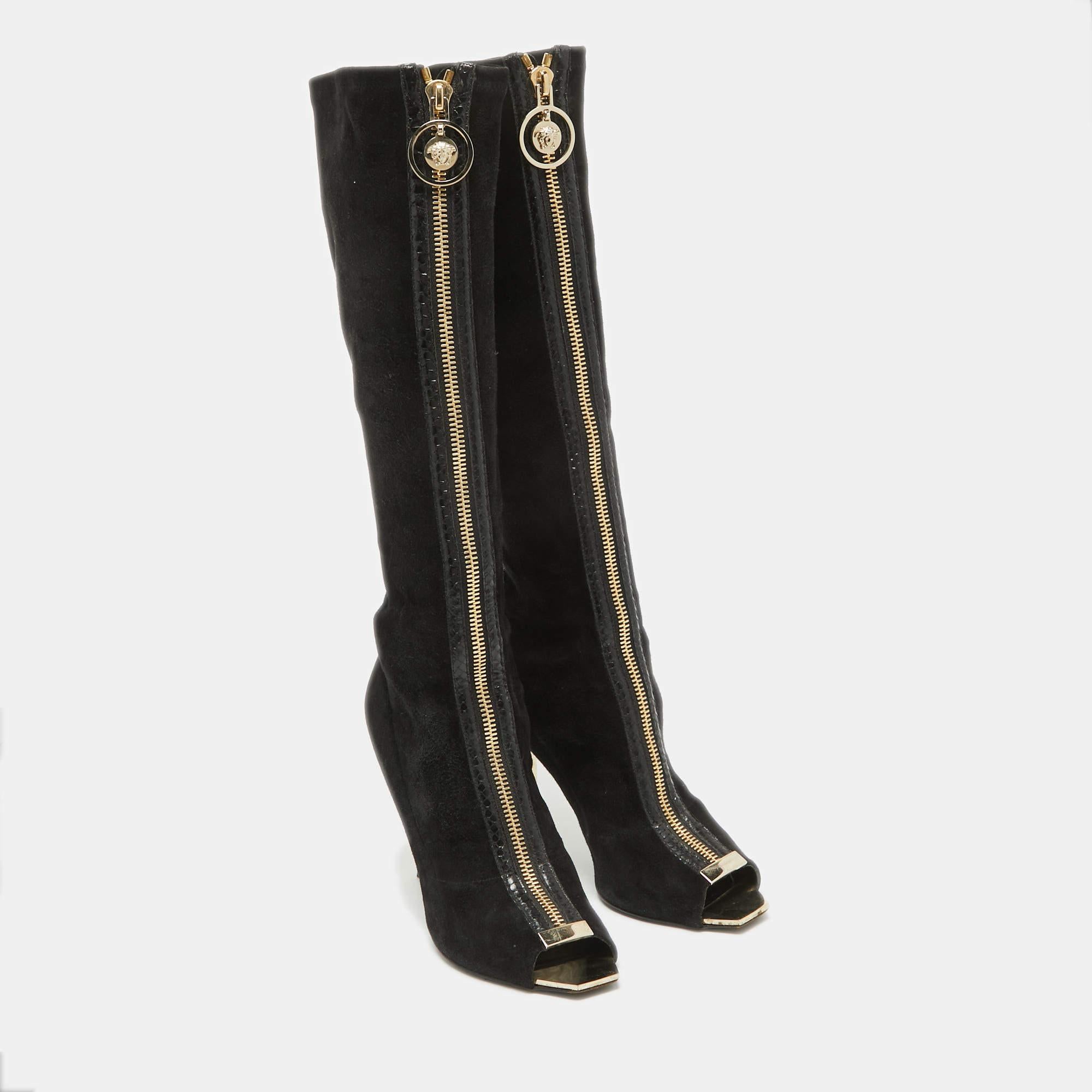 Women's Versace Black Suede Open Toe Knee Length Boots Size 41