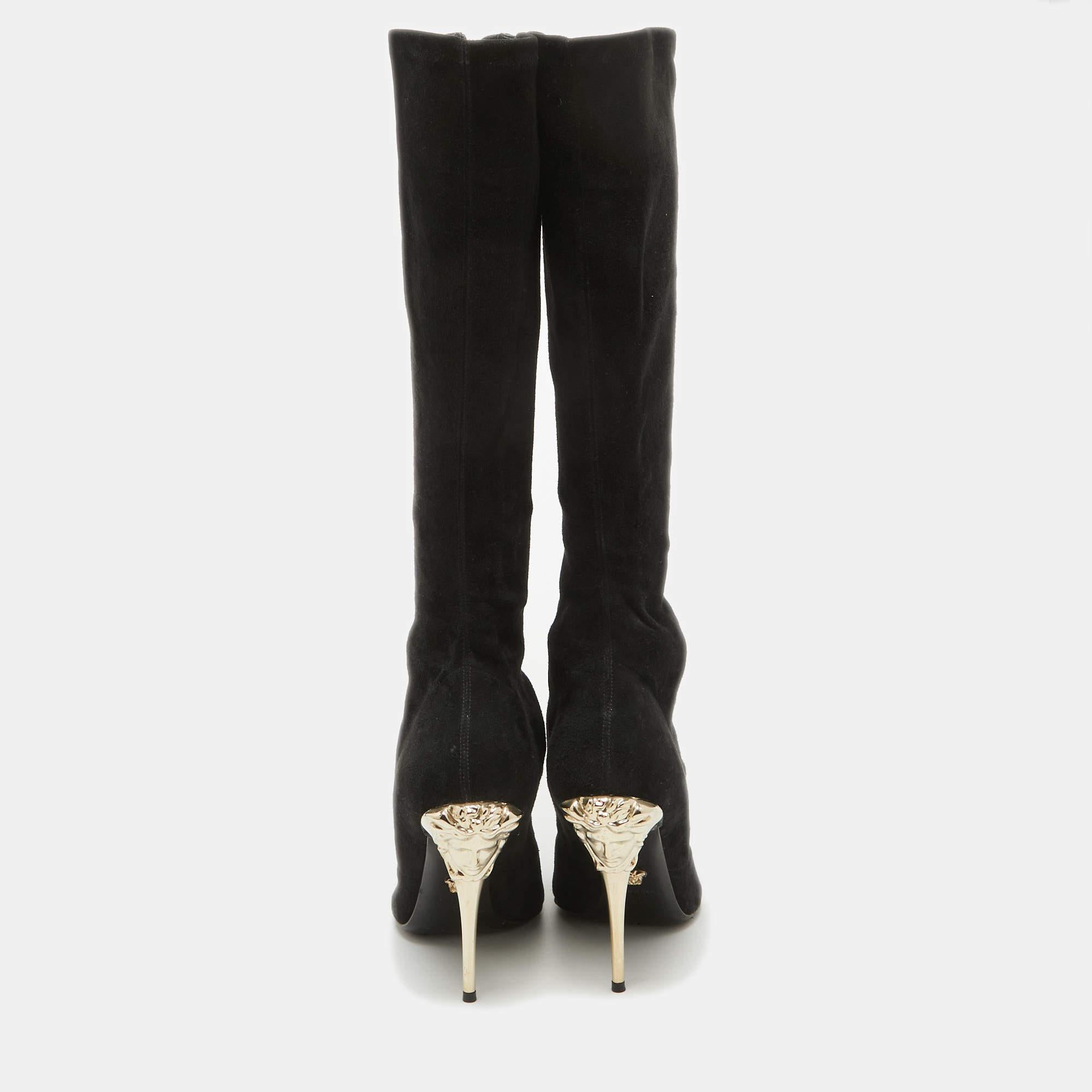 Versace Black Suede Open Toe Knee Length Boots Size 41 2