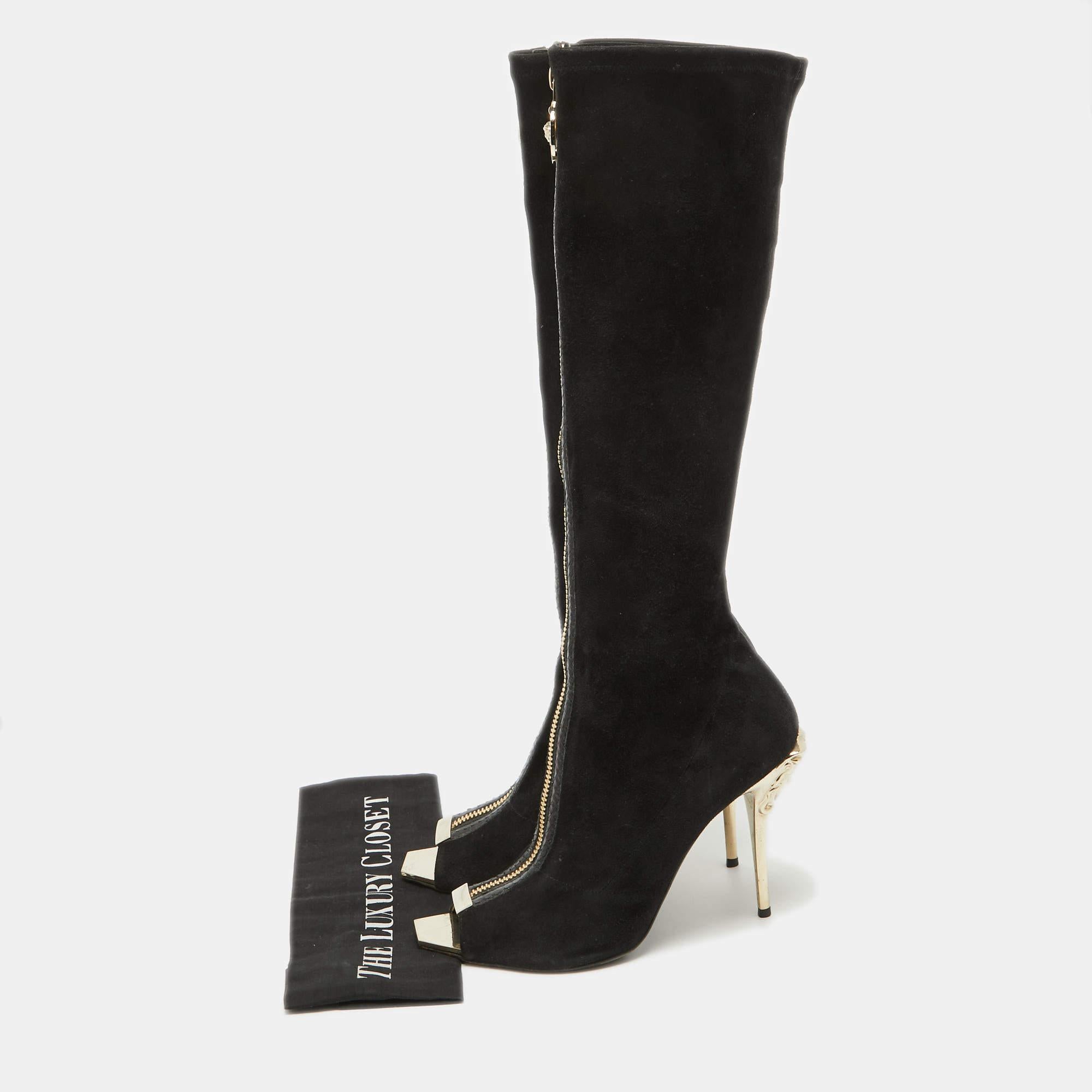 Versace Black Suede Open Toe Knee Length Boots Size 41 5