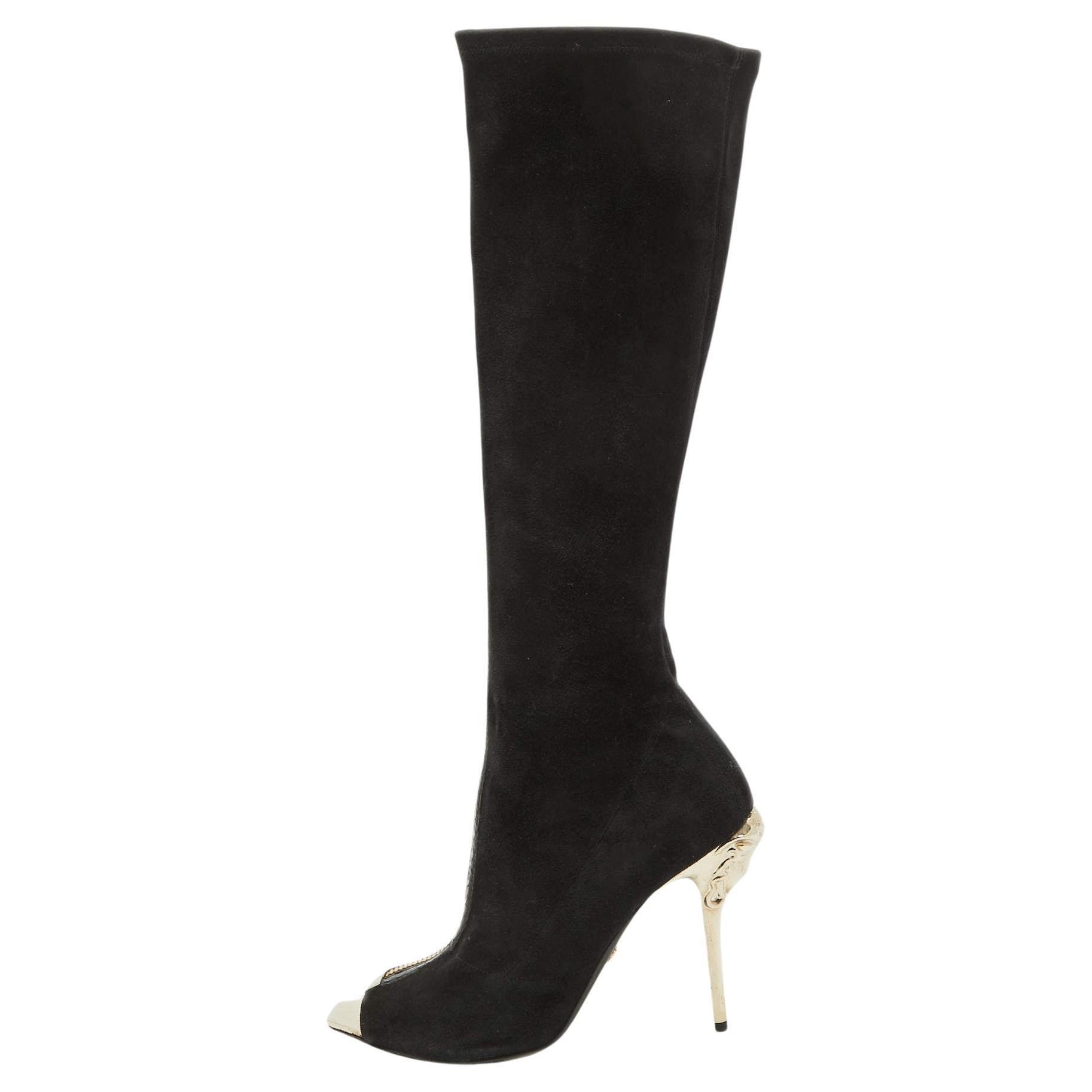 Versace Black Suede Open Toe Knee Length Boots Size 41