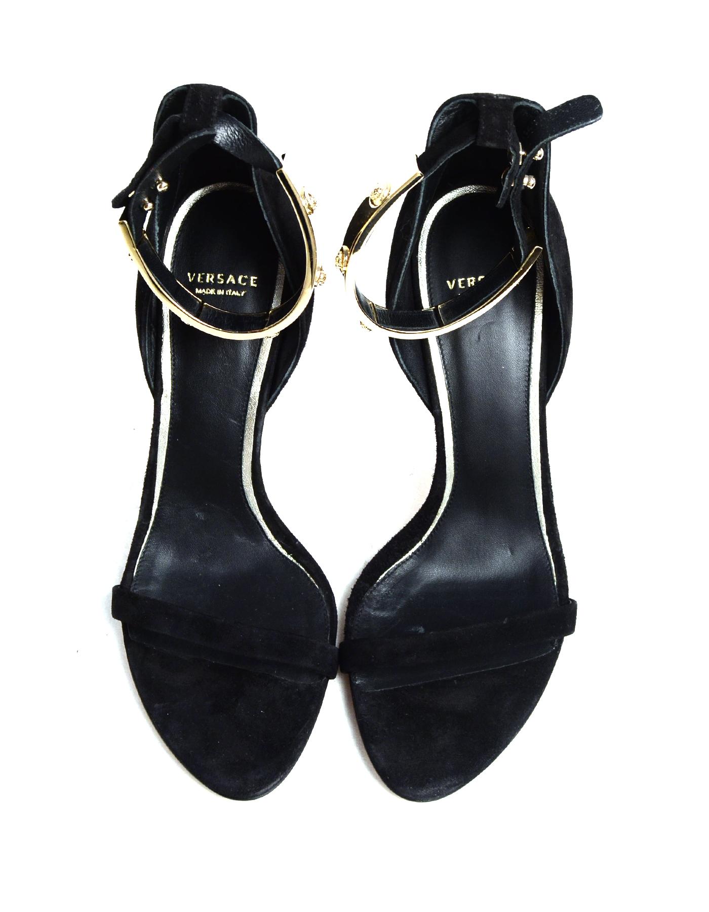 Women's Versace Black Suede Sandals W/ Goldtone Metal Medusa Ankle Strap Sz 39