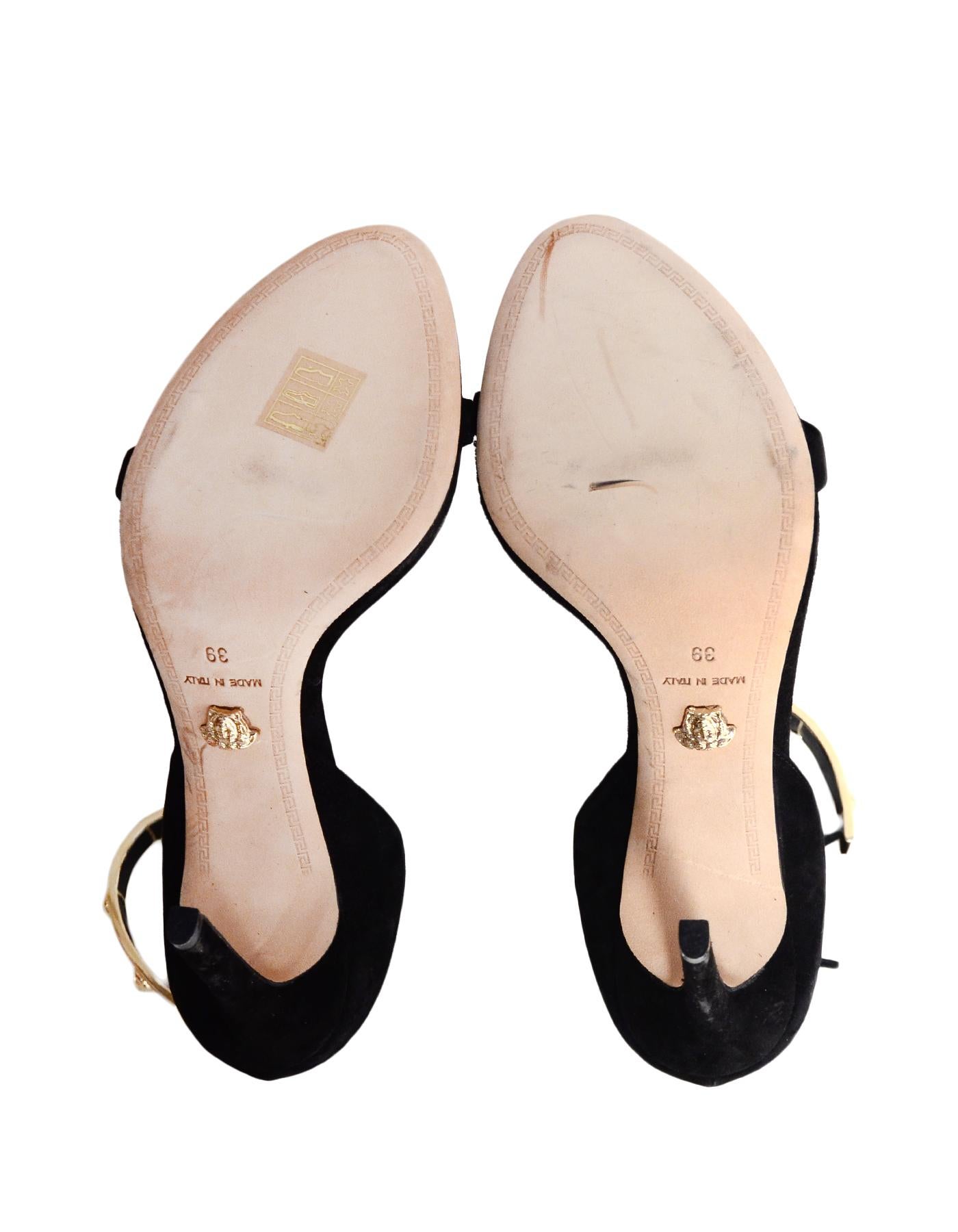 Versace Black Suede Sandals W/ Goldtone Metal Medusa Ankle Strap Sz 39 1