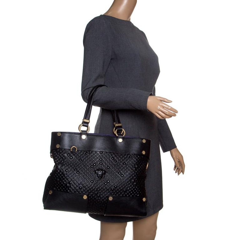Versace Black Textured Leather Medusa Tote For Sale at 1stDibs