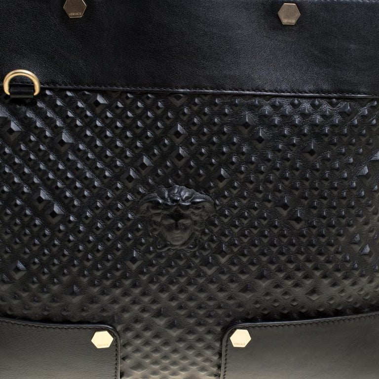 Versace Black Textured Leather Medusa Tote For Sale at 1stDibs