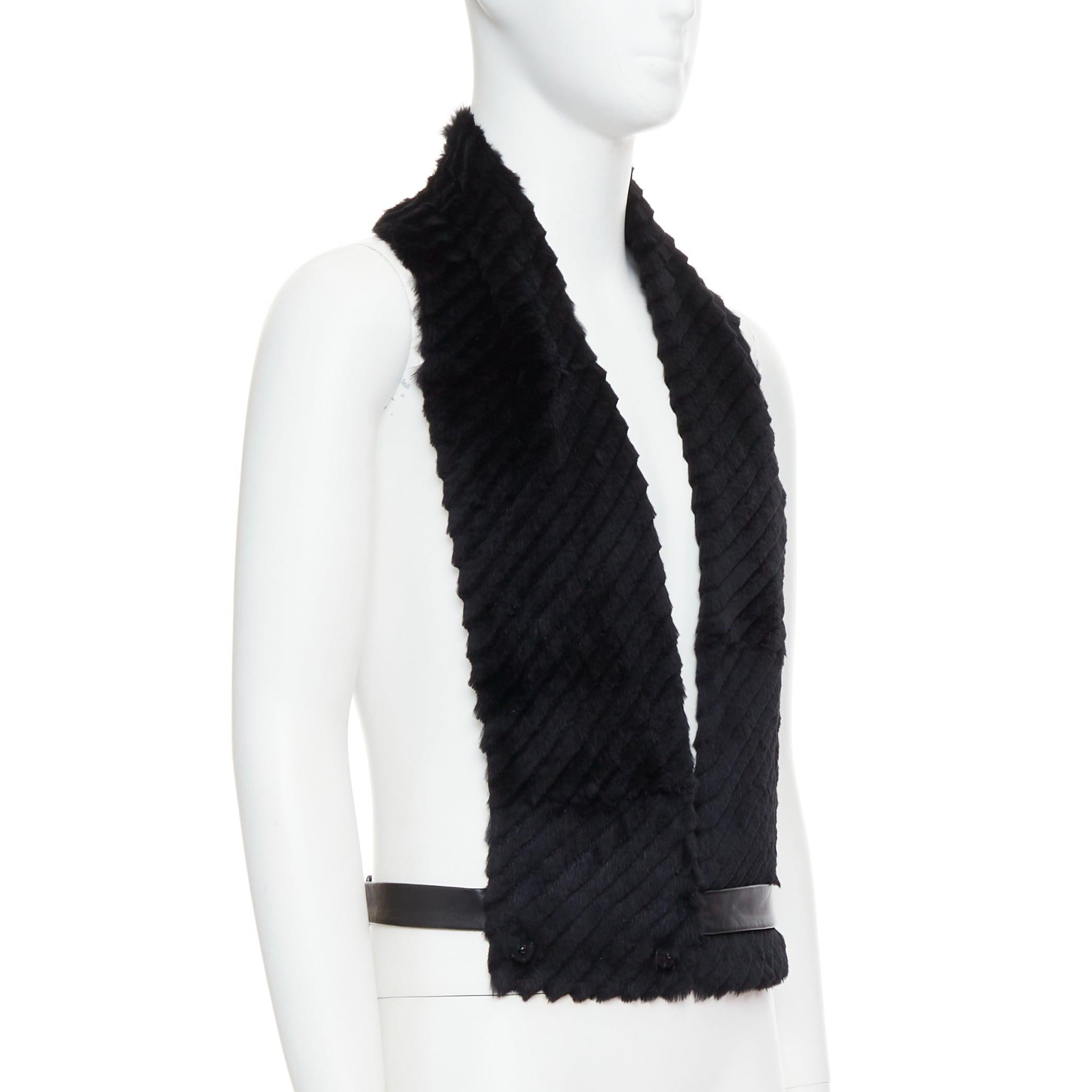 Black VERSACE black textured rabbit fur soft leather belt shawl scarf vest For Sale