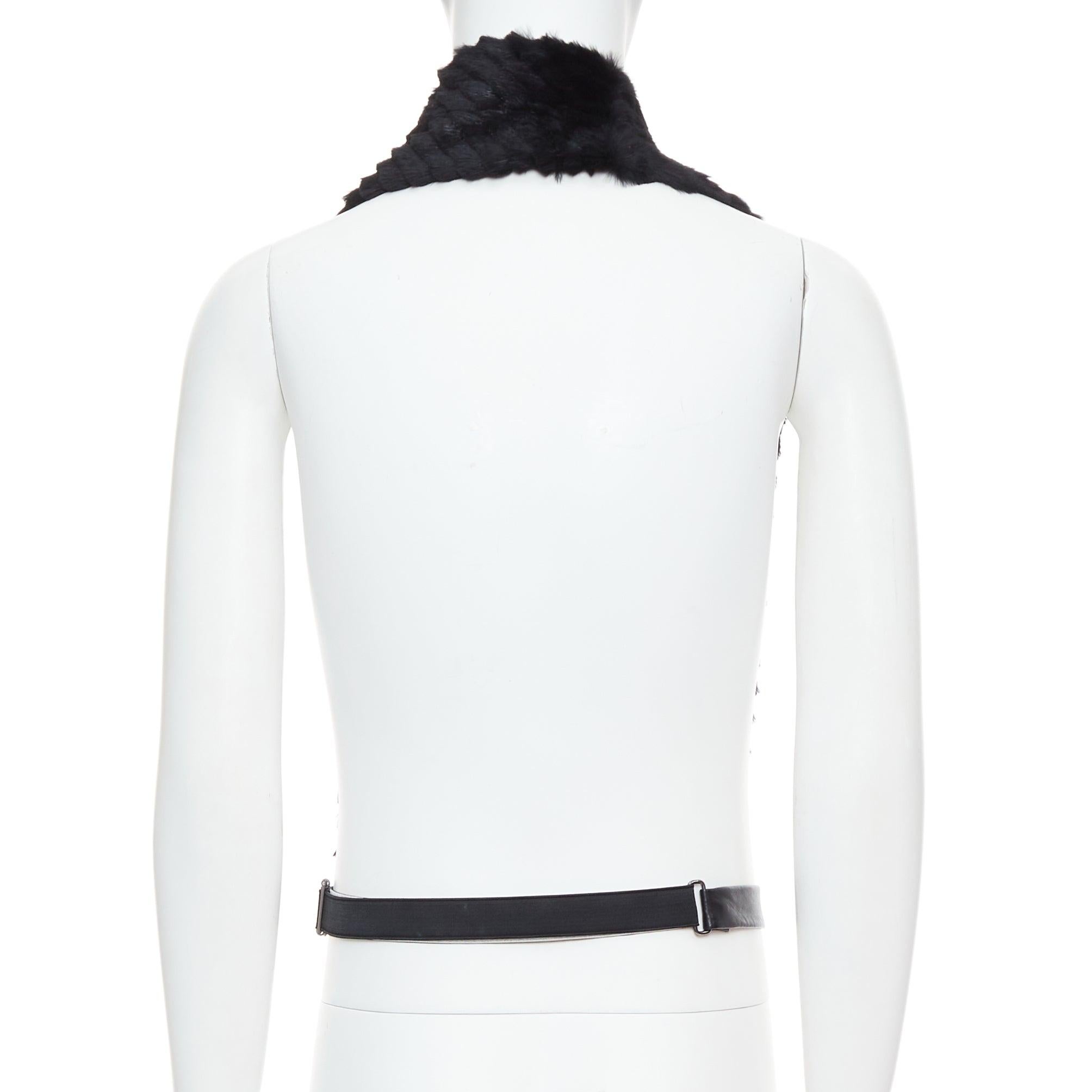 Men's VERSACE black textured rabbit fur soft leather belt shawl scarf vest For Sale