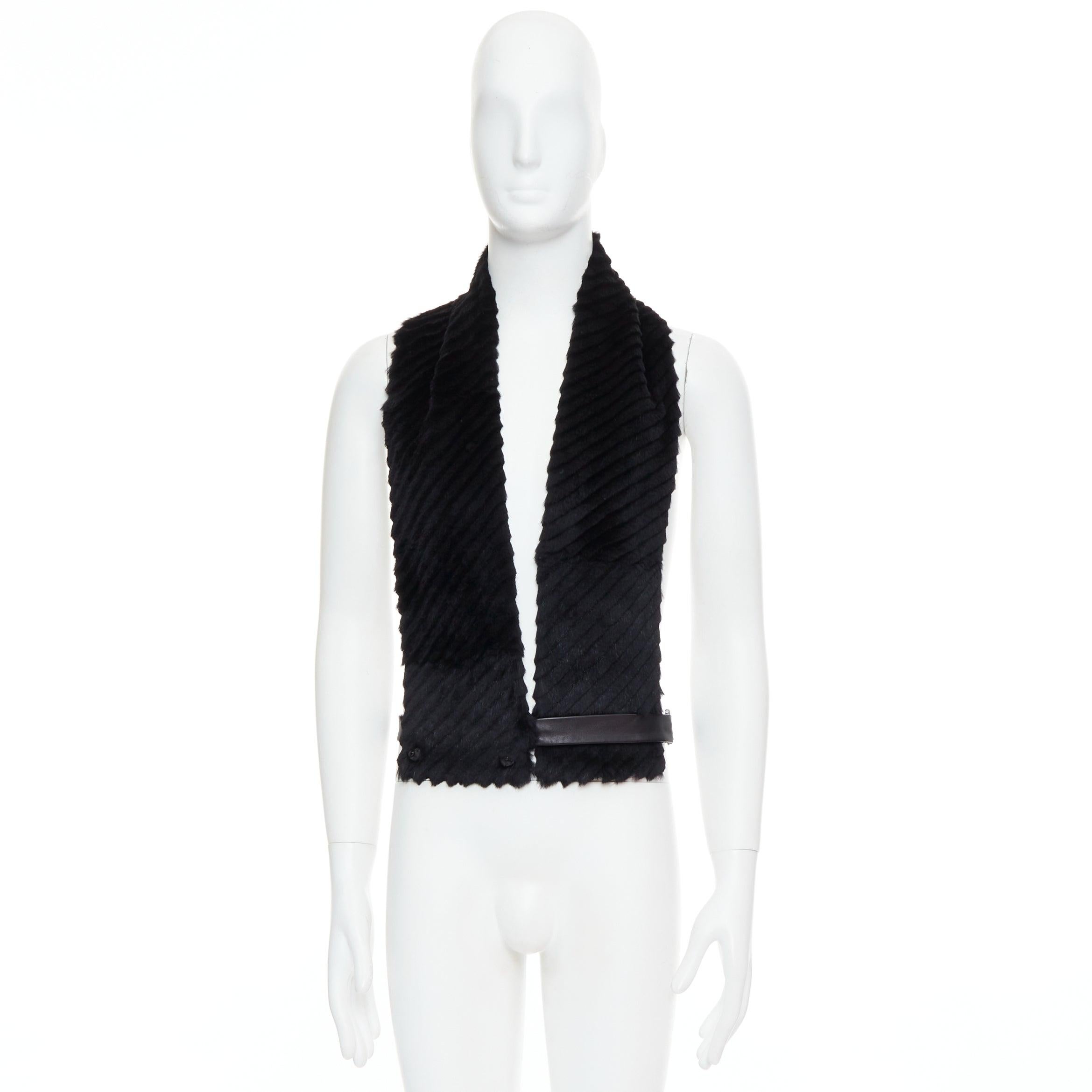 VERSACE black textured rabbit fur soft leather belt shawl scarf vest For Sale 4