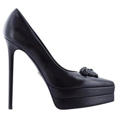 Versace Black Leather Black Tonal Medusa Head Palazzo Platform Pump Size 41