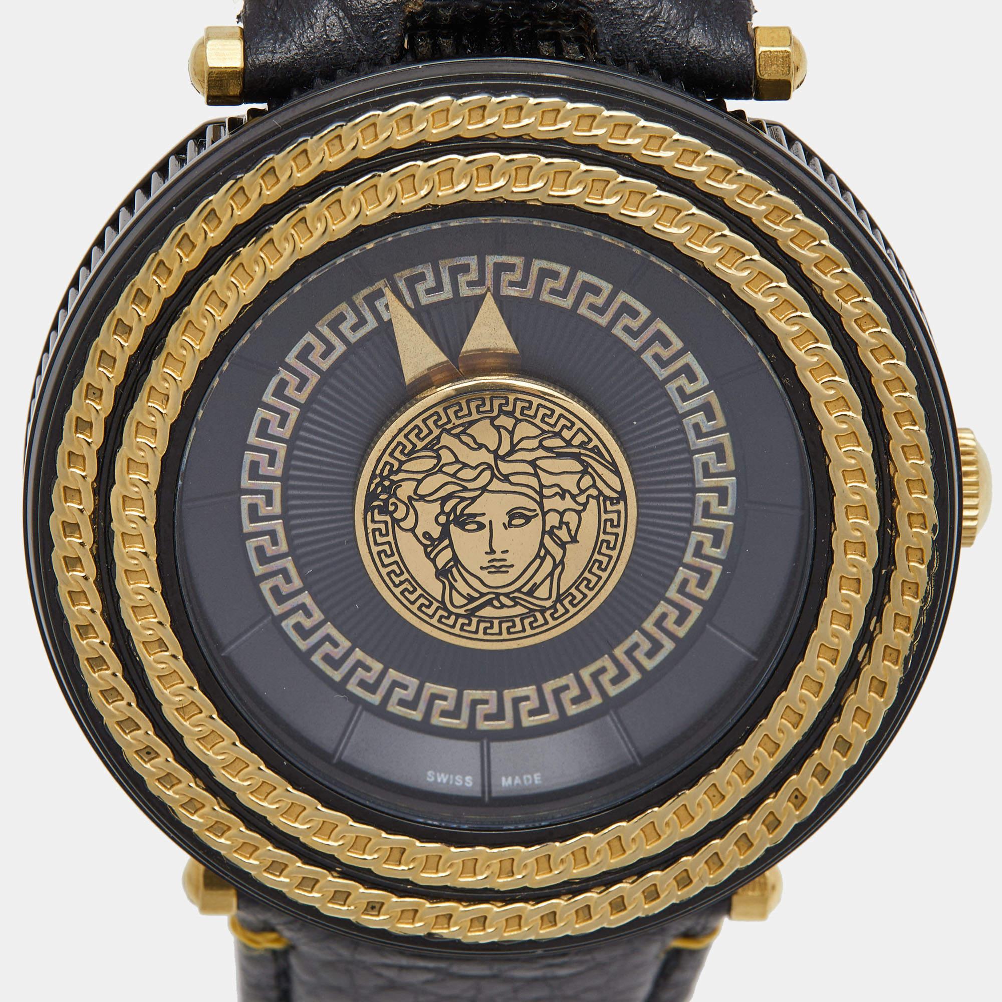 Versace Black Two Tone Stainless Steel Leather V-Metal Icon VQL03 0015  1