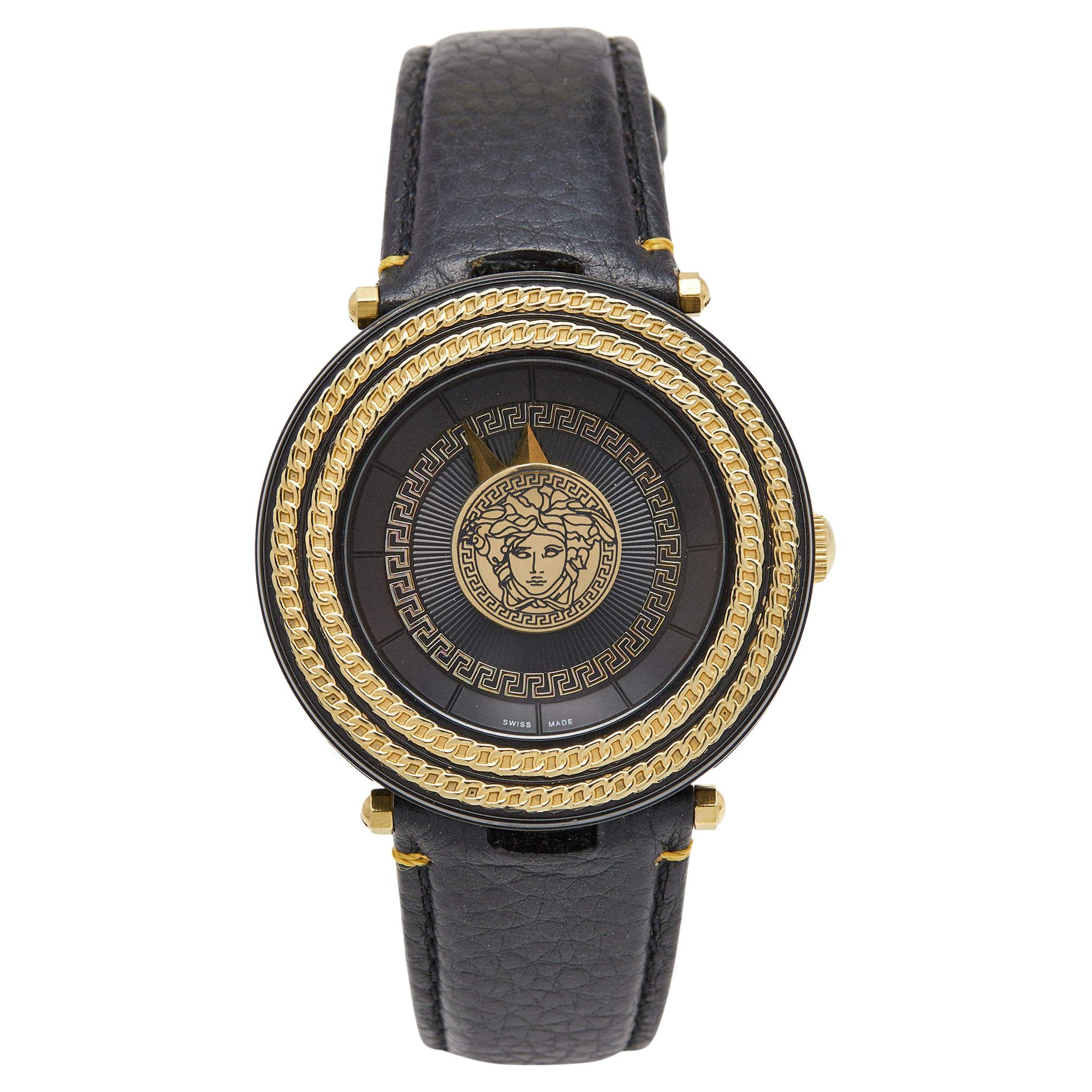 Versace Black Two Tone Stainless Steel Leather V-Metal Icon VQL03 0015 