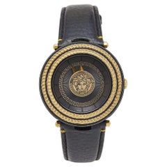 Versace Black Two Tone Stainless Steel Leather V-Metal Icon VQL03 0015