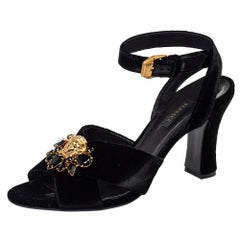 Versace Black Velvet Medusa Embellished Criss Criss Ankle Strap Sandals Size 39.
