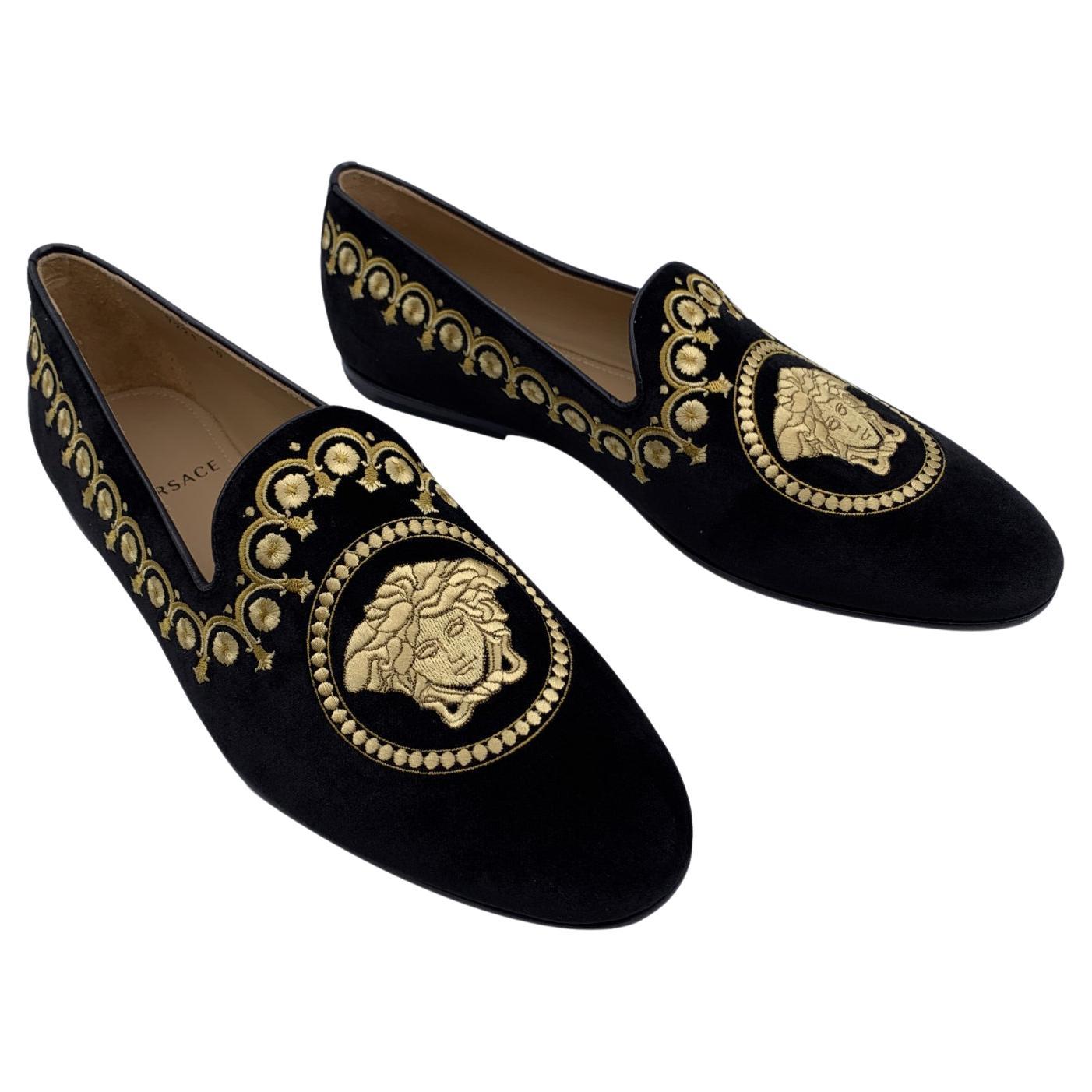 Versace Black Velvet Medusa Embroidery Slip On Shoes Size 40 IT Mint For  Sale at 1stDibs