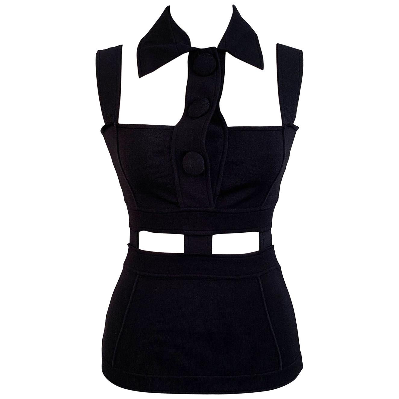Versace Black Viscose Cut Out Sleevess Top With Collar Size 40