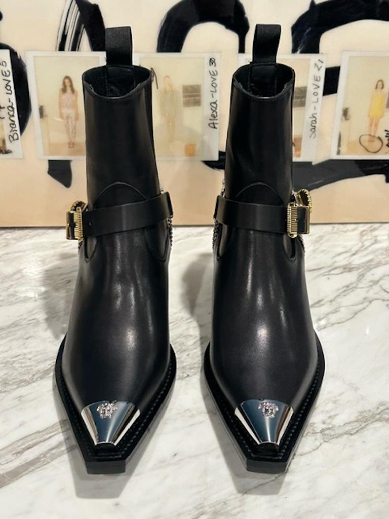 Versace Black Western Medusa Buckle Leather Ankle Boot Size 38 (NWT deadstock) For Sale 1