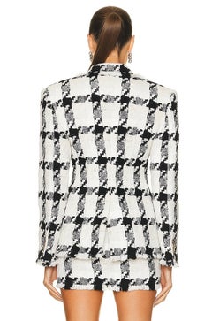 Versace Black White Checked Tweed Oversized Padded Shoulder Blazer 44