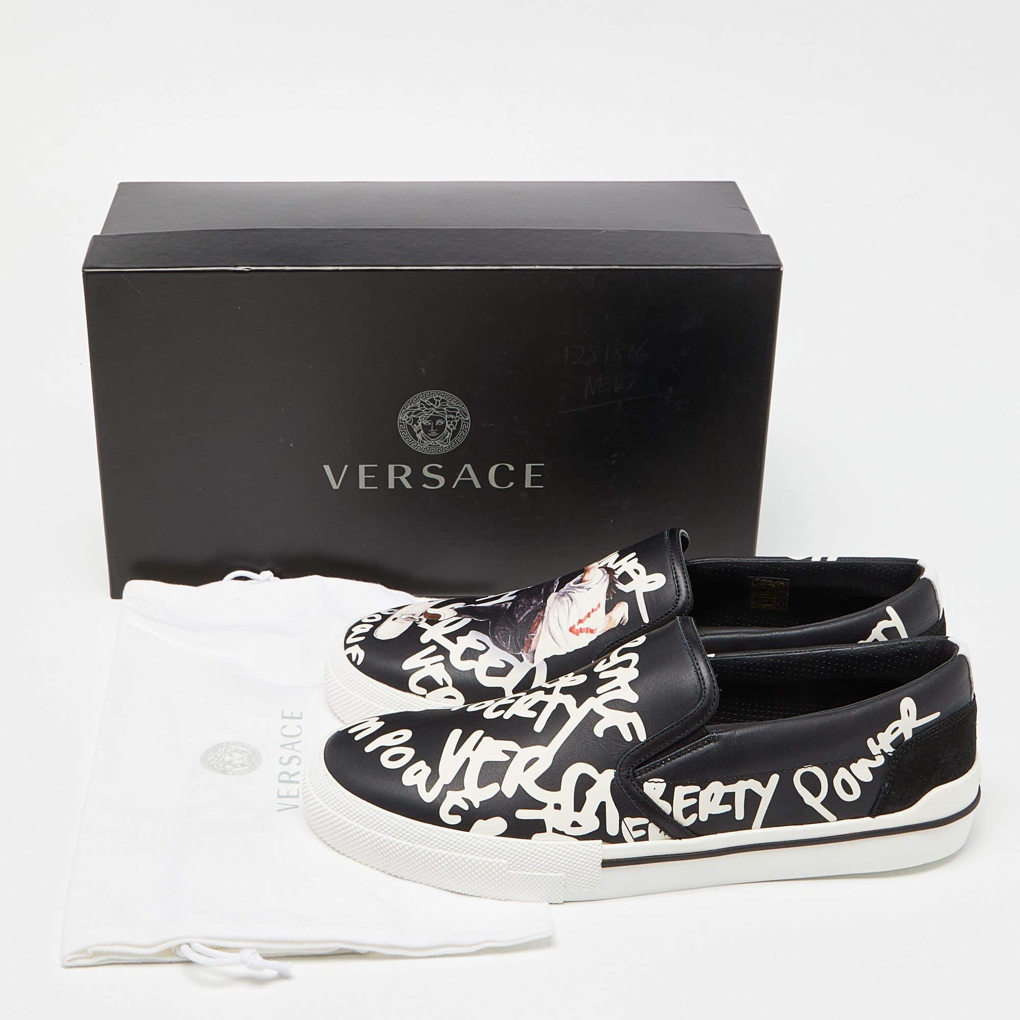 Versace Black/White Printed Leather Slip On Sneakers Size 43 5