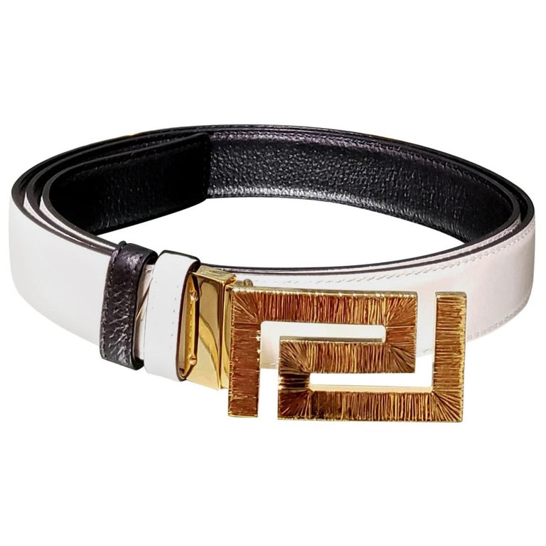 VERSACE BLACK and WHITE REVERSIBLE LEATHER MEN'S BELT with Gold Tone Buckle  115/46