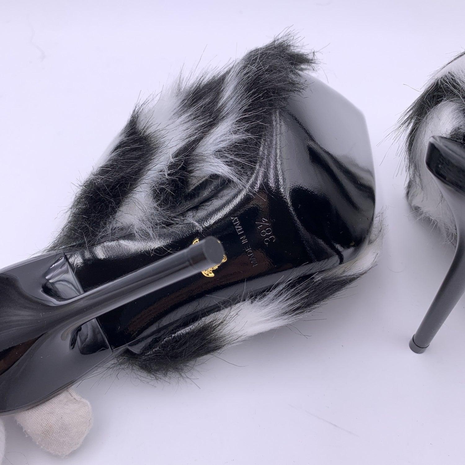 Women's Versace Black White Zebra Faux Fur Medusa Chain Sandals Size 38.5