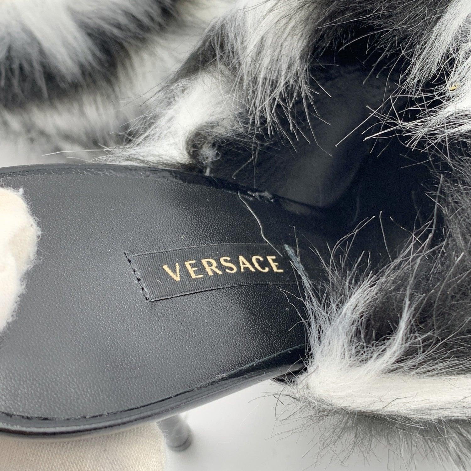 Versace Black White Zebra Faux Fur Medusa Chain Sandals Size 38.5 3